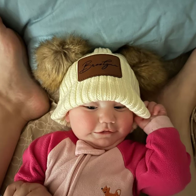 Custom Kid Hat with Double Pom Pom Custom Name Winter Hat