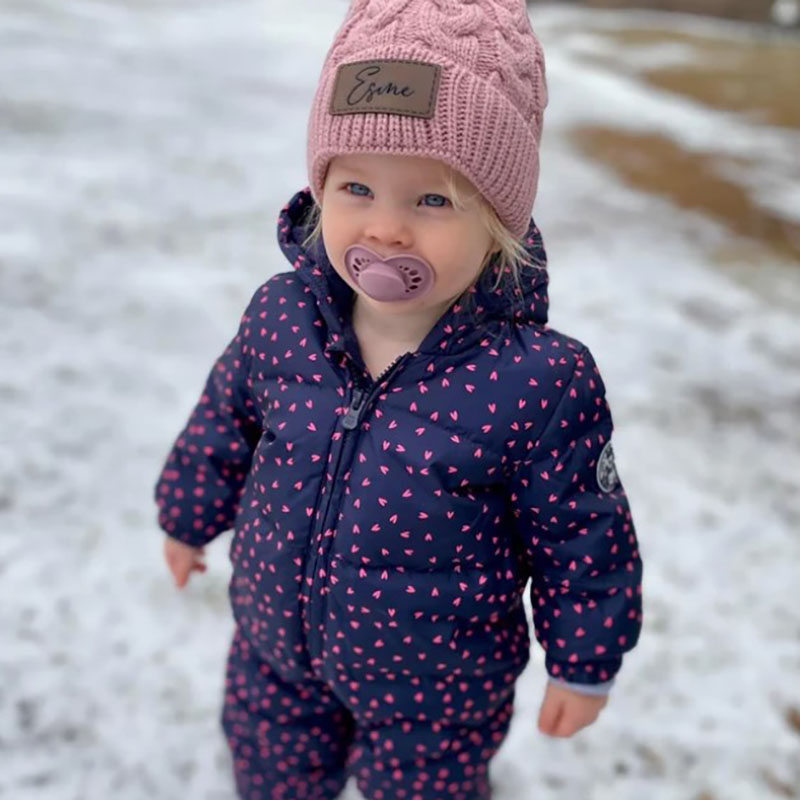Custom Twist Knitted Hat Baby Name Hat Faux Leather Patch Baby Girls Pom Pom Beanie