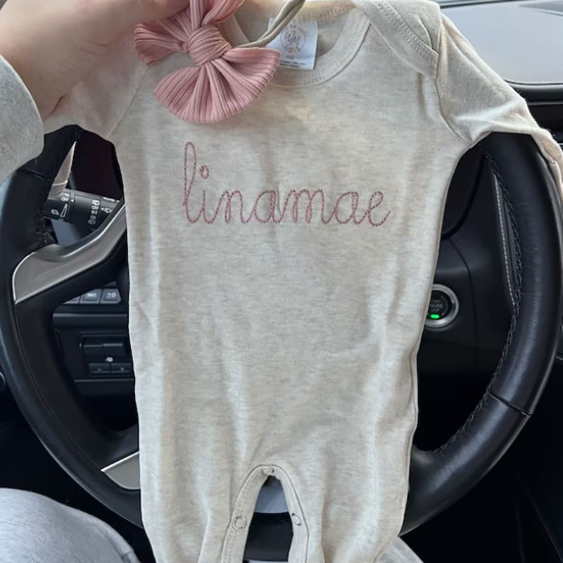 Personalized Oatmeal and Blush Vintage Stitch Girl Romper with Bow 