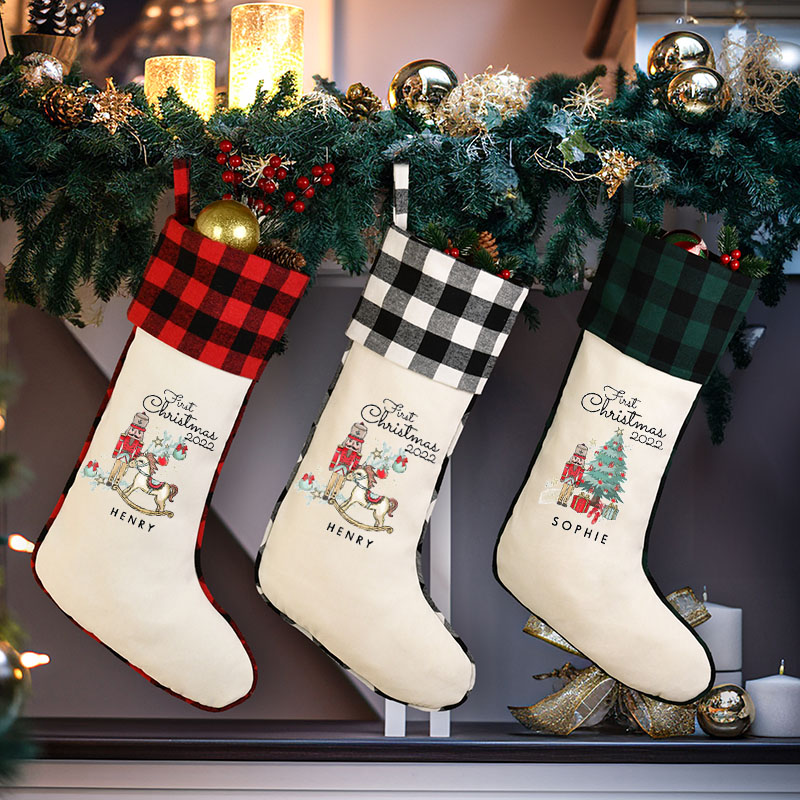 Personalized Christmas Stocking Plaid Linen Christmas Stockings Xmas Stocking