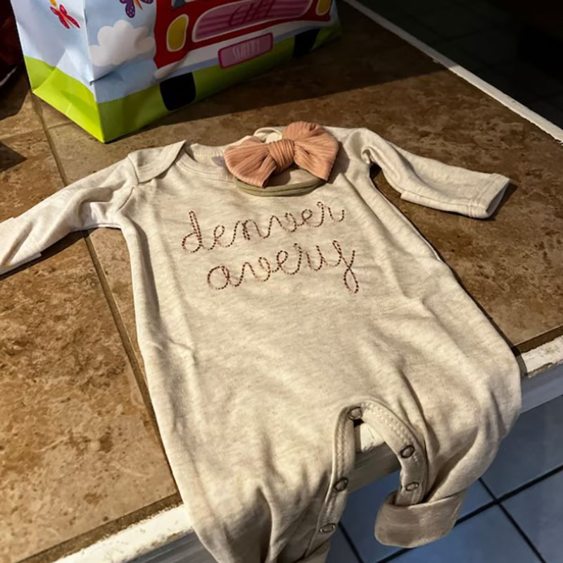 Personalized Oatmeal and Blush Vintage Stitch Girl Romper with Bow 