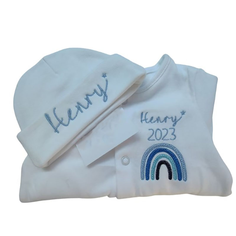 Embroidered Personalised Rainbow Sleepsuit Newborn Coming Home Outfit