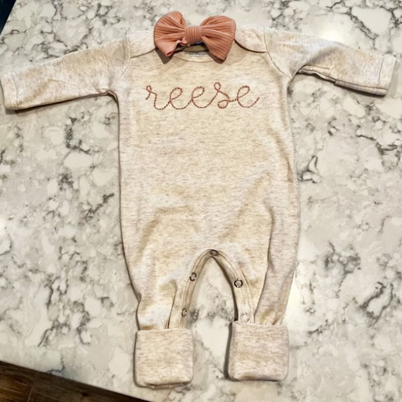 Personalized Oatmeal and Blush Vintage Stitch Girl Romper with Bow 