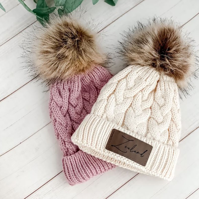 Custom Twist Knitted Hat Baby Name Hat Faux Leather Patch Baby Girls Pom Pom Beanie