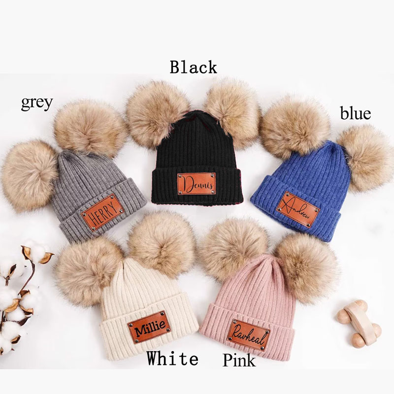 Custom Kid Hat with Double Pom Pom Custom Name Winter Hat