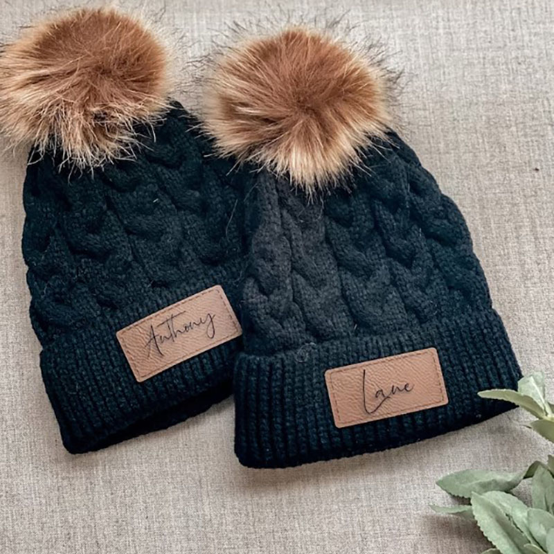 Custom Twist Knitted Hat Baby Name Hat Faux Leather Patch Baby Girls Pom Pom Beanie
