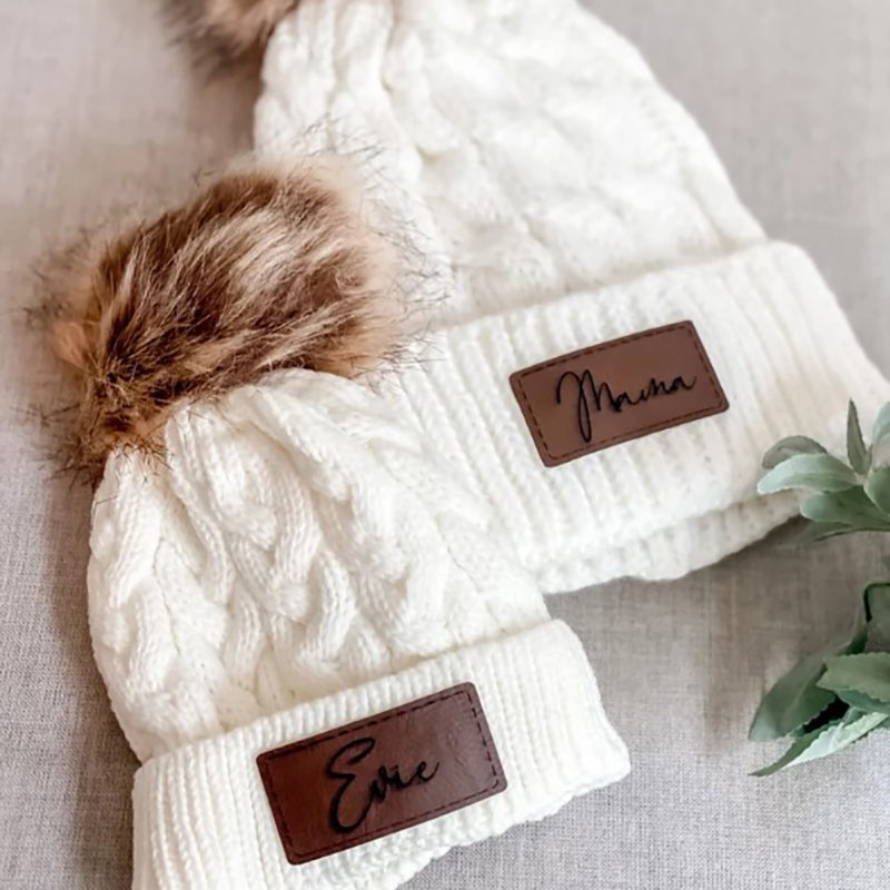 Custom Twist Knitted Hat Baby Name Hat Faux Leather Patch Baby Girls Pom Pom Beanie