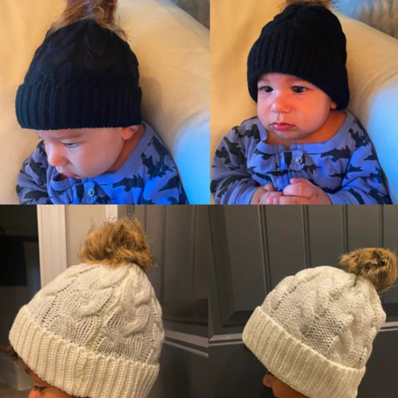 Custom Twist Knitted Hat Baby Name Hat Faux Leather Patch Baby Girls Pom Pom Beanie
