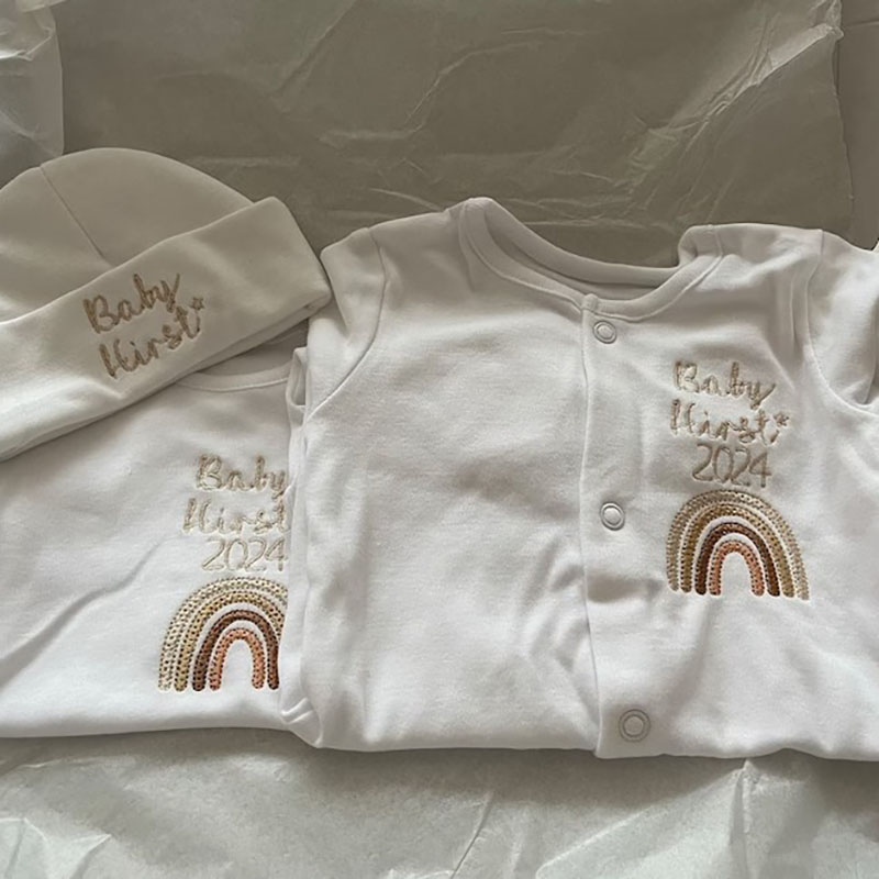 Embroidered Personalised Rainbow Sleepsuit Newborn Coming Home Outfit