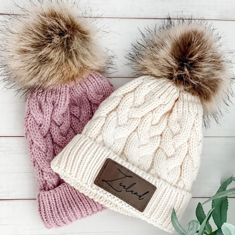 Custom Twist Knitted Hat Baby Name Hat Faux Leather Patch Baby Girls Pom Pom Beanie