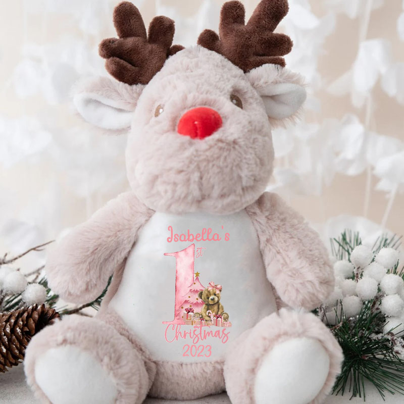 Pink Blue First Christmas Teddy Bear Christmas Personalised Soft Reindeer Toy Gift