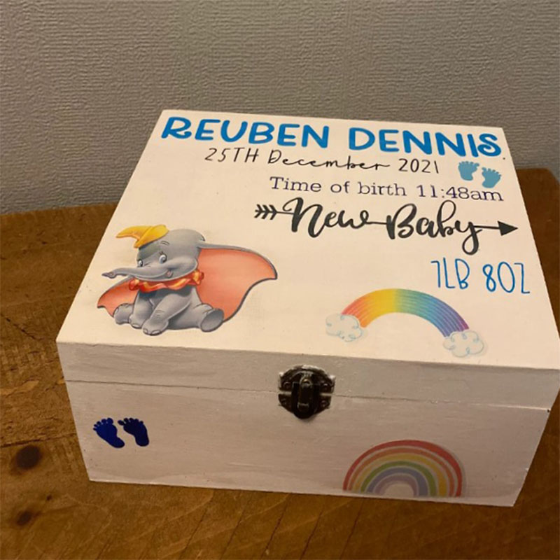 Rainbow Elephant Personalised Birth Wooden Christmas Eve Box