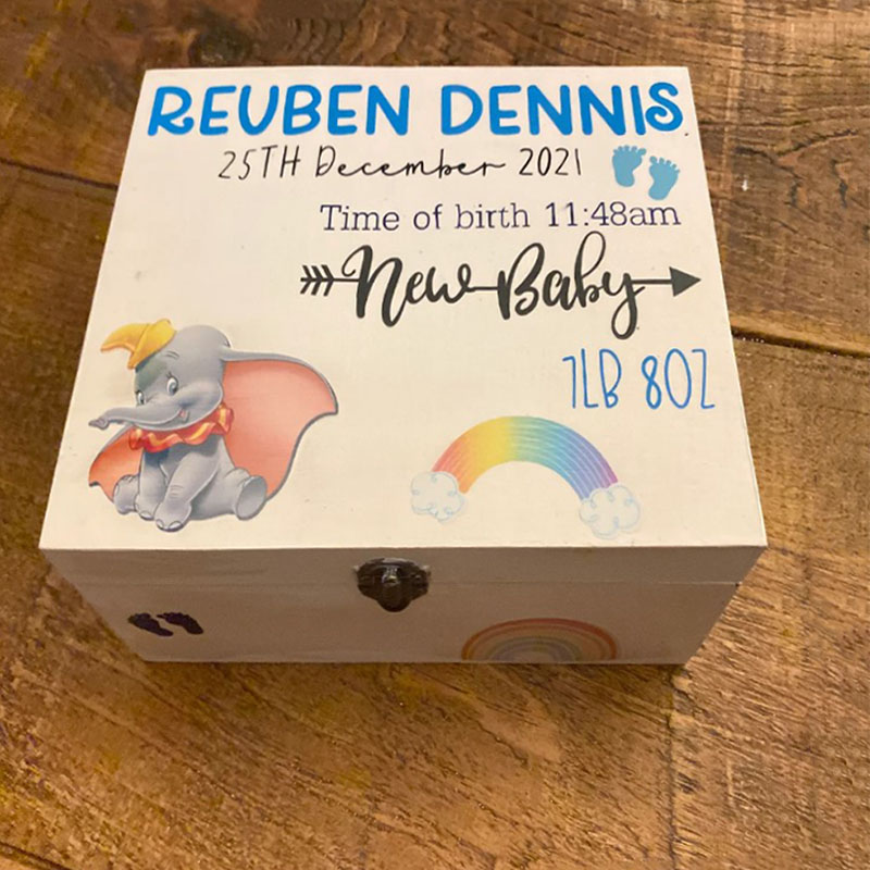 Rainbow Elephant Personalised Birth Wooden Christmas Eve Box