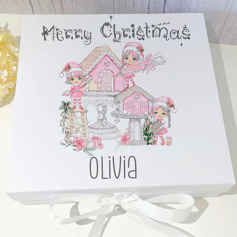 Personalised Pink Gingerbread Christmas Eve Box Girls Christmas Box, White Christmas Eve Box