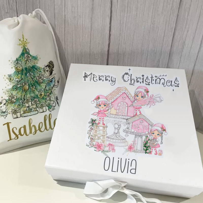 Personalised Pink Gingerbread Christmas Eve Box Girls Christmas Box, White Christmas Eve Box