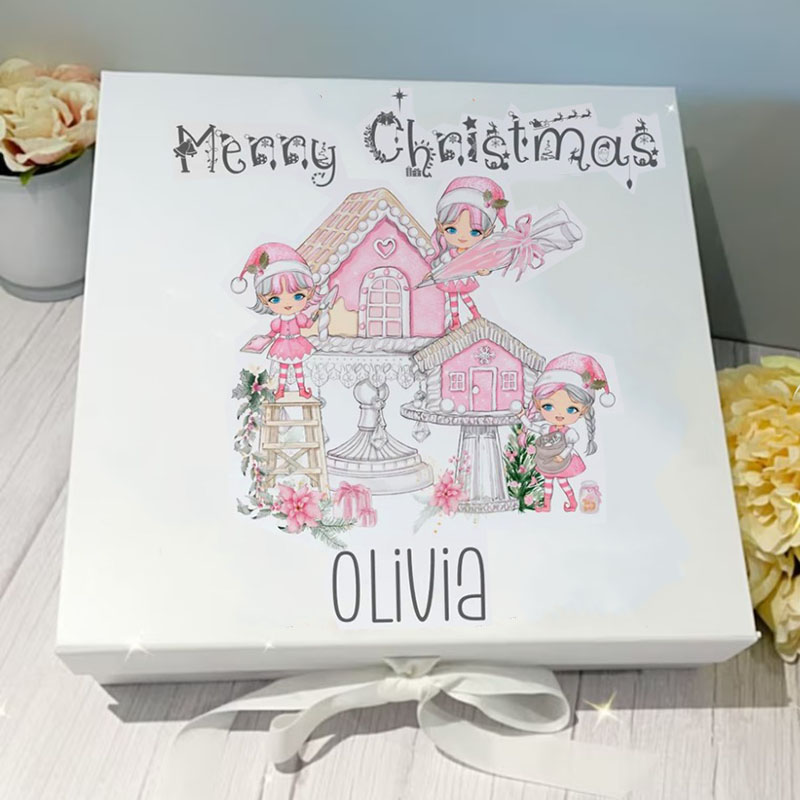 Personalised Pink Gingerbread Christmas Eve Box Girls Christmas Box, White Christmas Eve Box