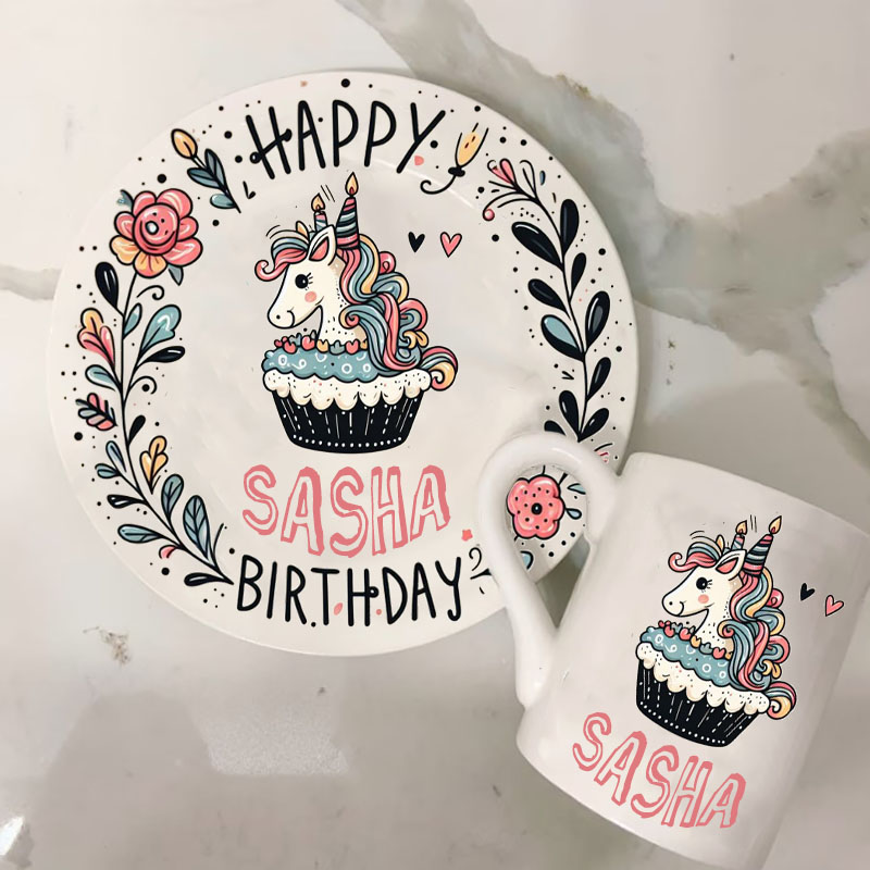 Personalized Plate & Mug Unicorn Design First Birthday Plate 