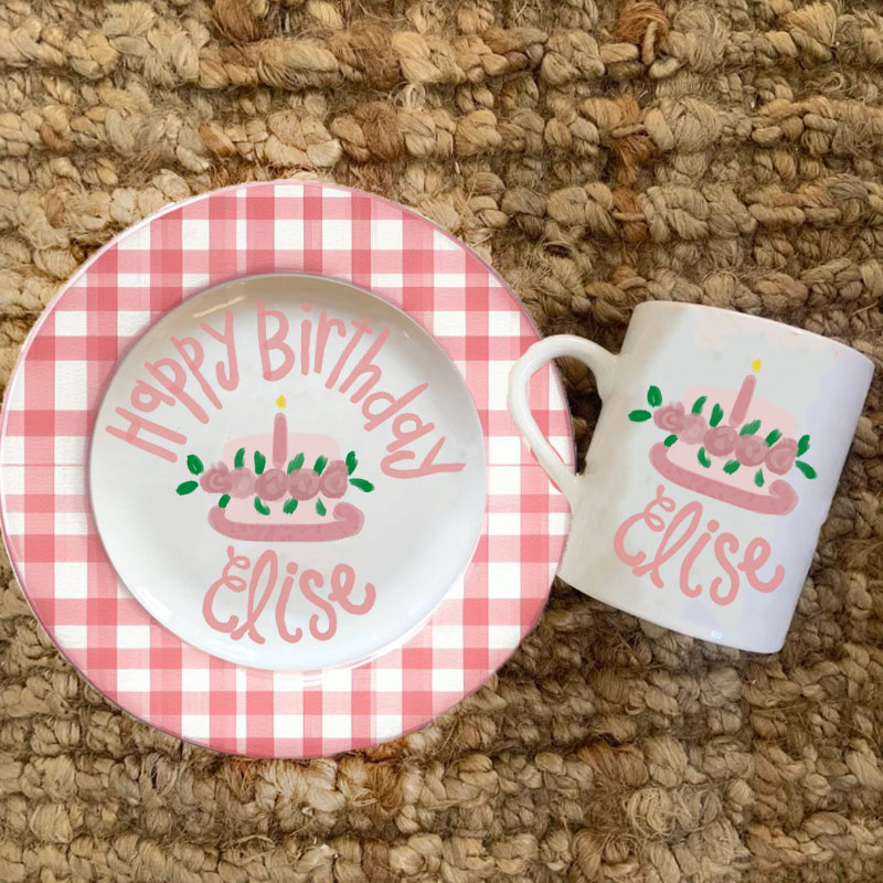 Girls Preppy Pink Gingham and Ribbon Baby Girl Gift Plate & Mug Birthday Gift 