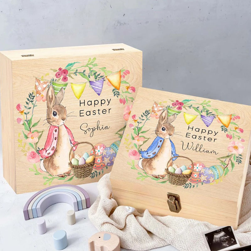 Happy Easter Bunny Rabbit Wooden Box
