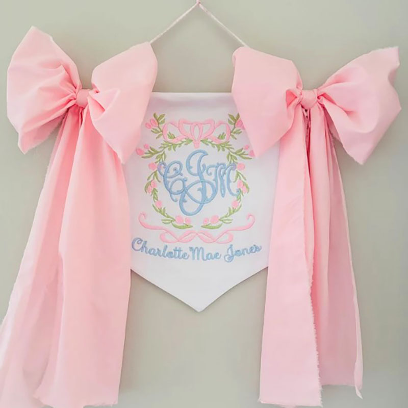 Custom Floral Crest Welcome Baby Banner with Fabric Bows
