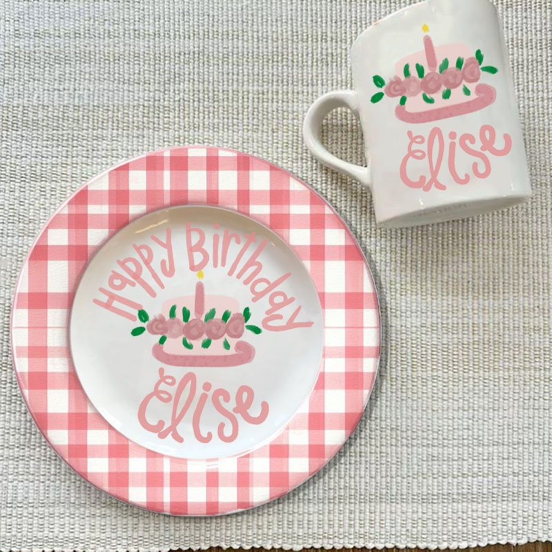 Girls Preppy Pink Gingham and Ribbon Baby Girl Gift Plate & Mug Birthday Gift 