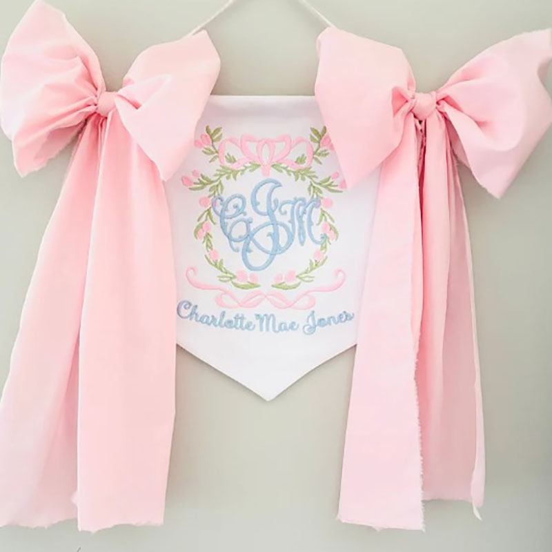 Custom Floral Crest Welcome Baby Banner with Fabric Bows