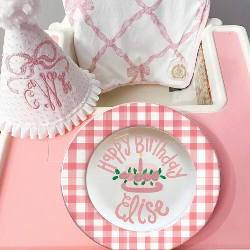 Girls Preppy Pink Gingham and Ribbon Baby Girl Gift Plate & Mug Birthday Gift 