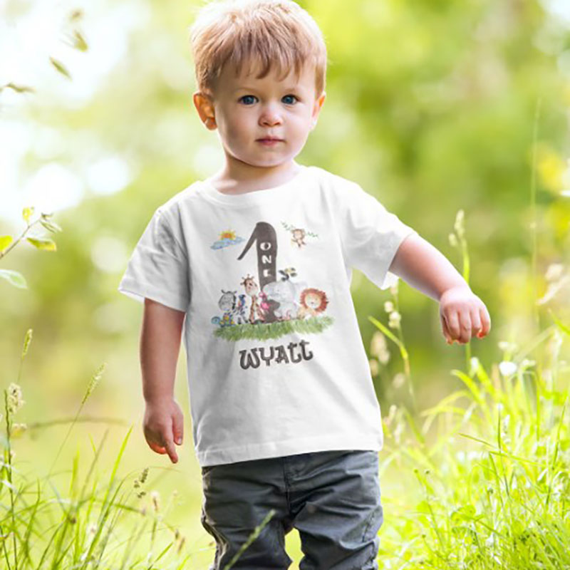 Personalized First Birthday One Year Birthday Shirt with Animals