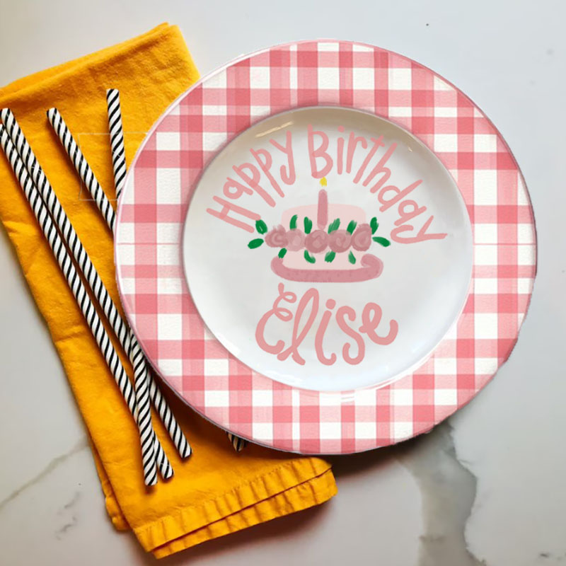 Girls Preppy Pink Gingham and Ribbon Baby Girl Gift Plate & Mug Birthday Gift 