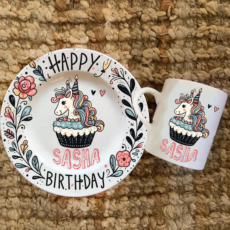 Personalized Plate & Mug Unicorn Design First Birthday Plate 