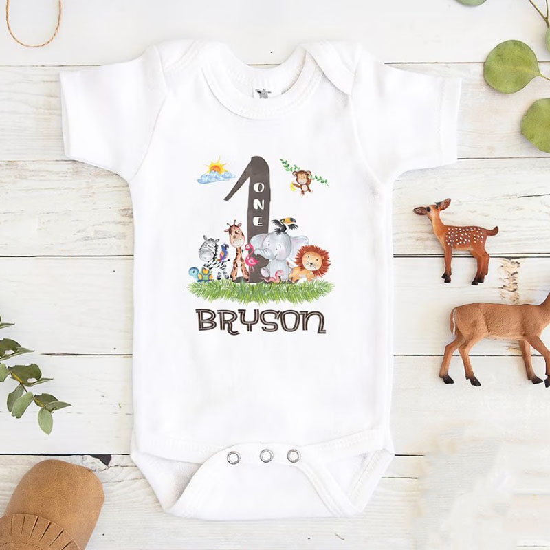 [Baby Bodysuit]Personalized One Year Birthday Shirt with Animals