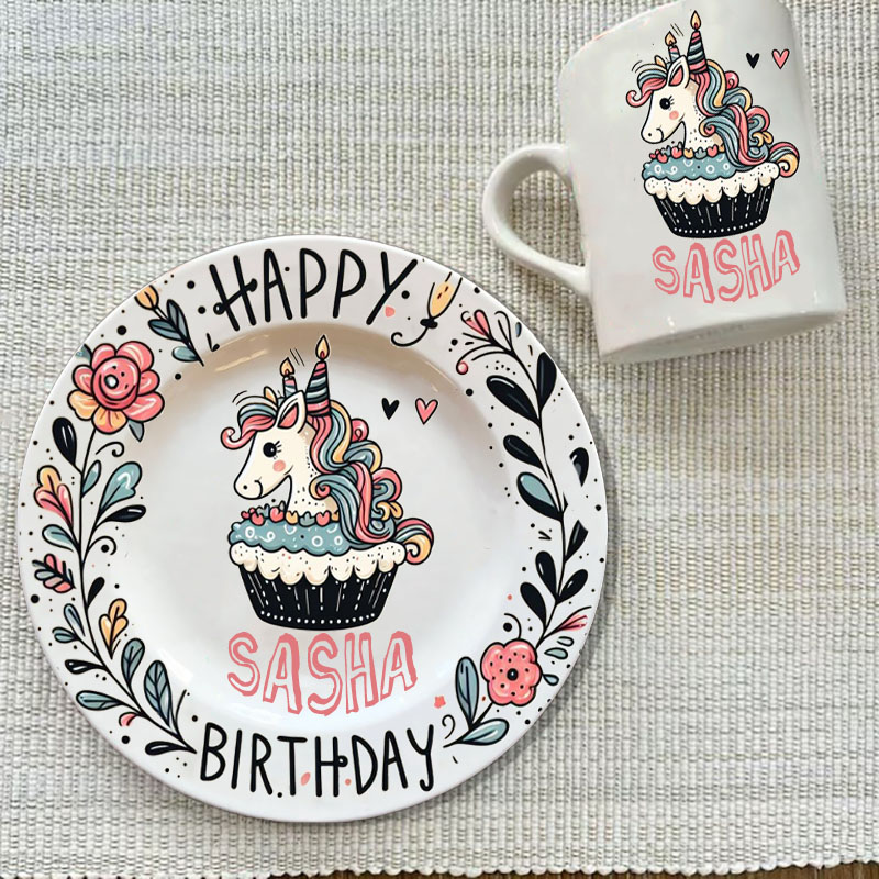Personalized Plate & Mug Unicorn Design First Birthday Plate 