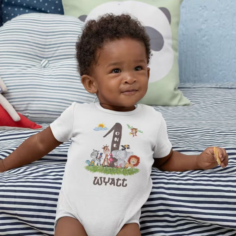 [Baby Bodysuit]Personalized One Year Birthday Shirt with Animals