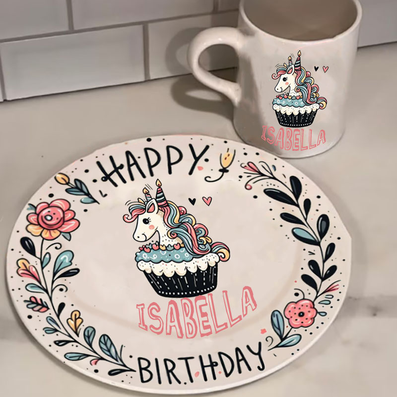 Personalized Plate & Mug Unicorn Design First Birthday Plate 