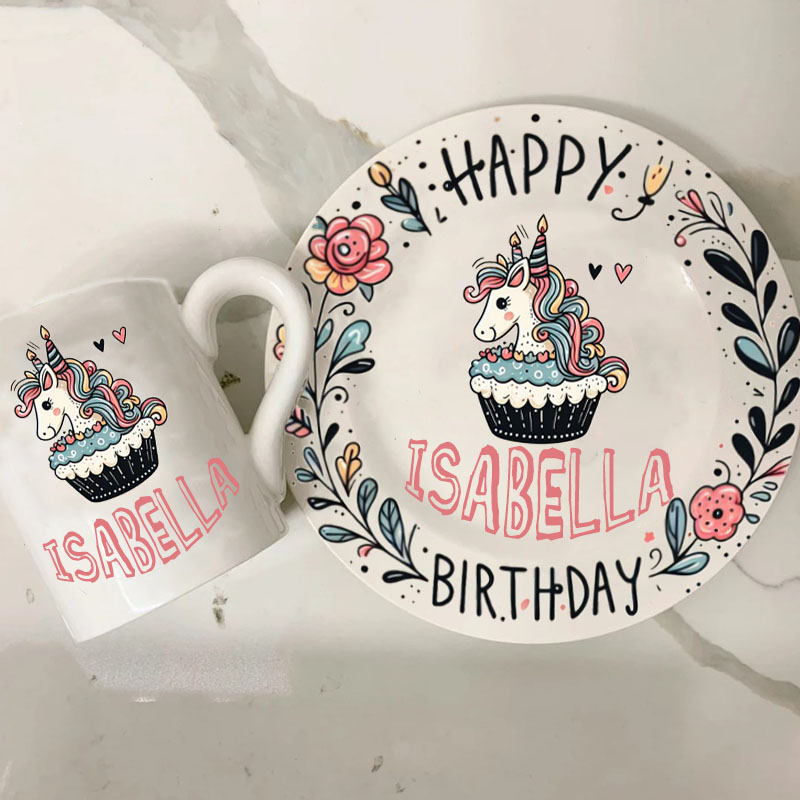 Personalized Plate & Mug Unicorn Design First Birthday Plate 