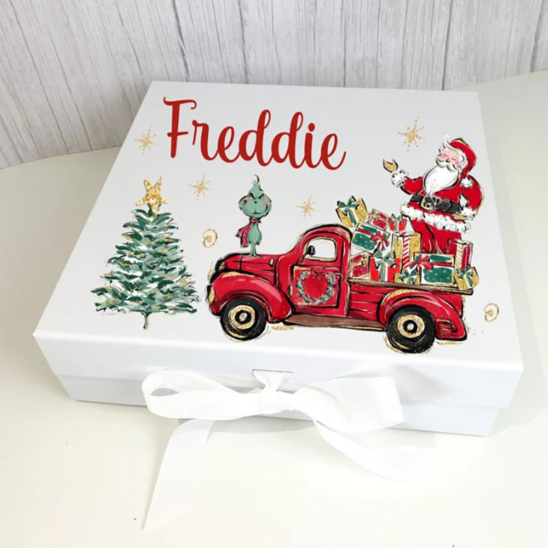 Personalised Elf Santa Truck Box with Ribbon Tie Christmas Eve Gift
