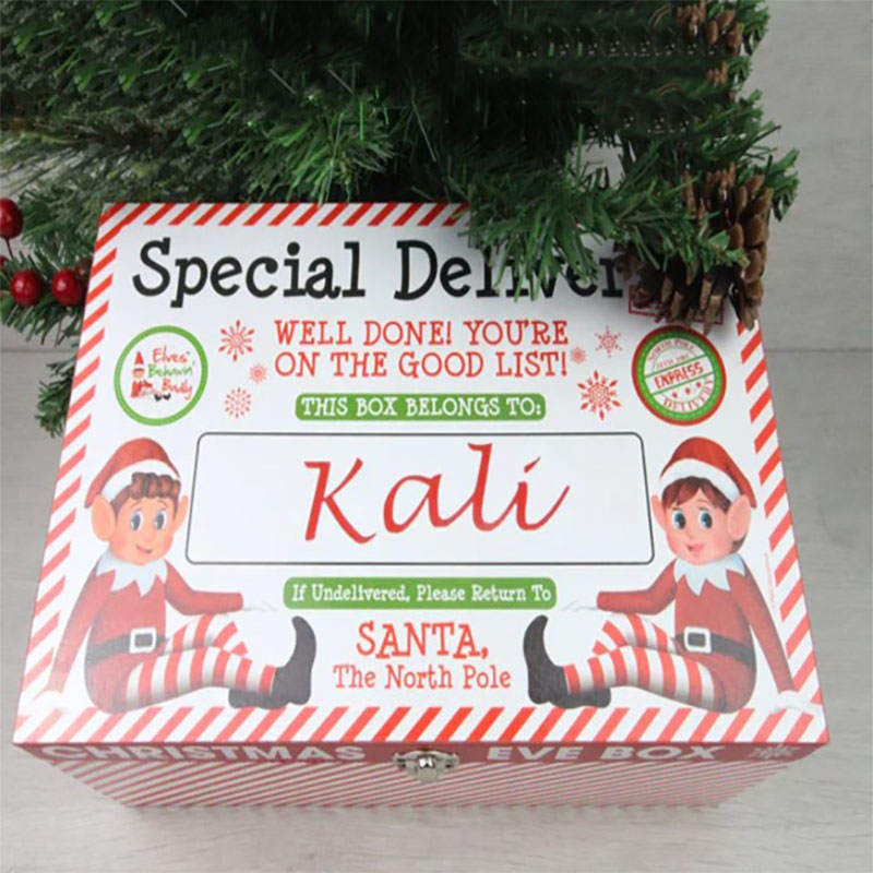 Printed All Over Engraved Christmas Eve Box with Any Name Wooden Christmas Eve Box