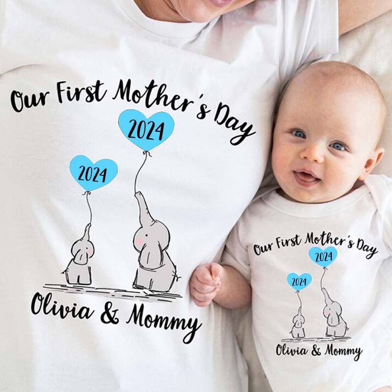Custom Our First Mother's Day Mom And Baby Tee