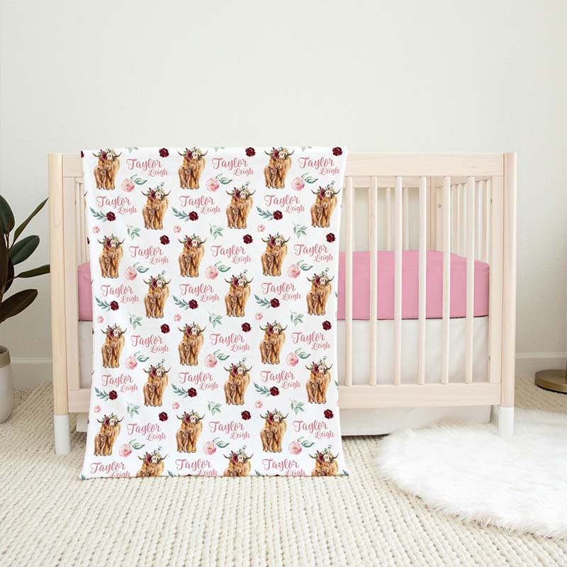 Girl Highland Cow Swaddle Blanket Cow Personalized Baby Blanket