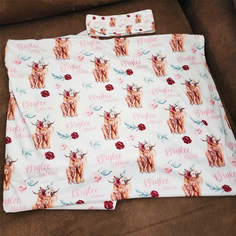 Girl Highland Cow Swaddle Blanket Cow Personalized Baby Blanket