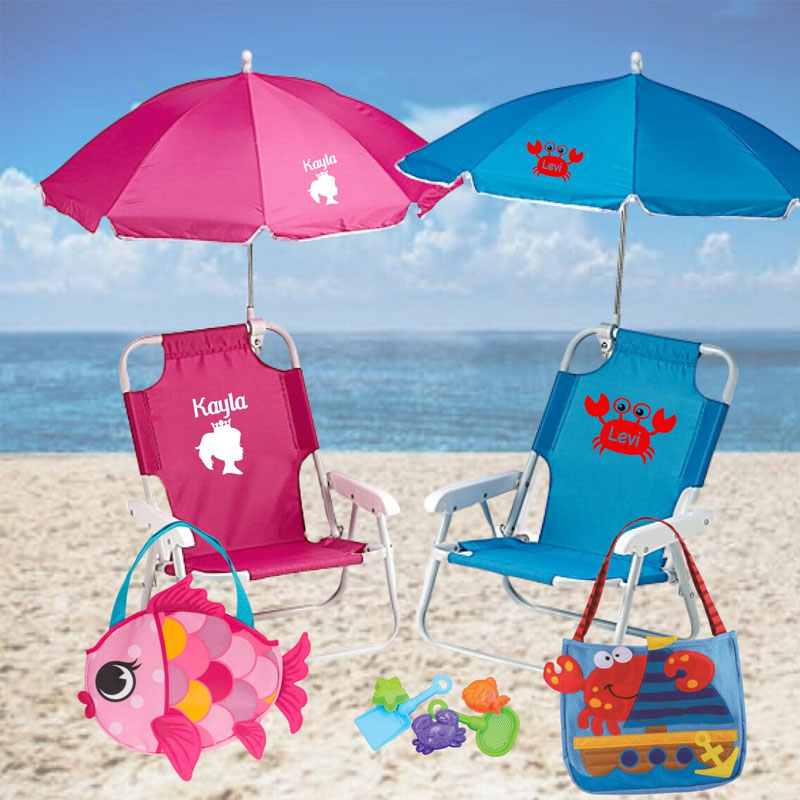 Personalized Toddlers Folding Beach Chair and Umbrella Set with 17 Designs