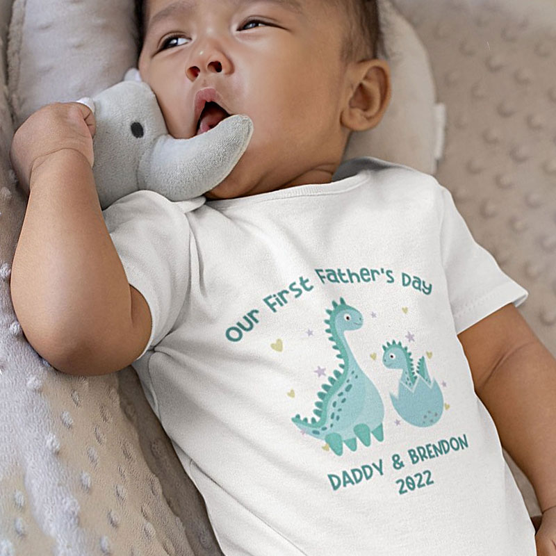 Custom Our First Father's Day Baby Onesies with Cute Dinosaur