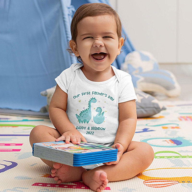 Custom Our First Father's Day Baby Onesies with Cute Dinosaur