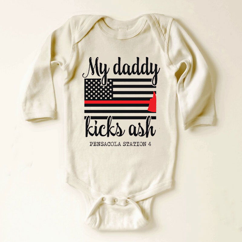 My Daddy Kicks Ash Firefighter Baby Onesie with Custom Fire Station