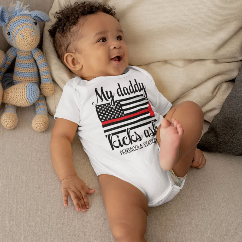 My Daddy Kicks Ash Firefighter Baby Onesie with Custom Fire Station