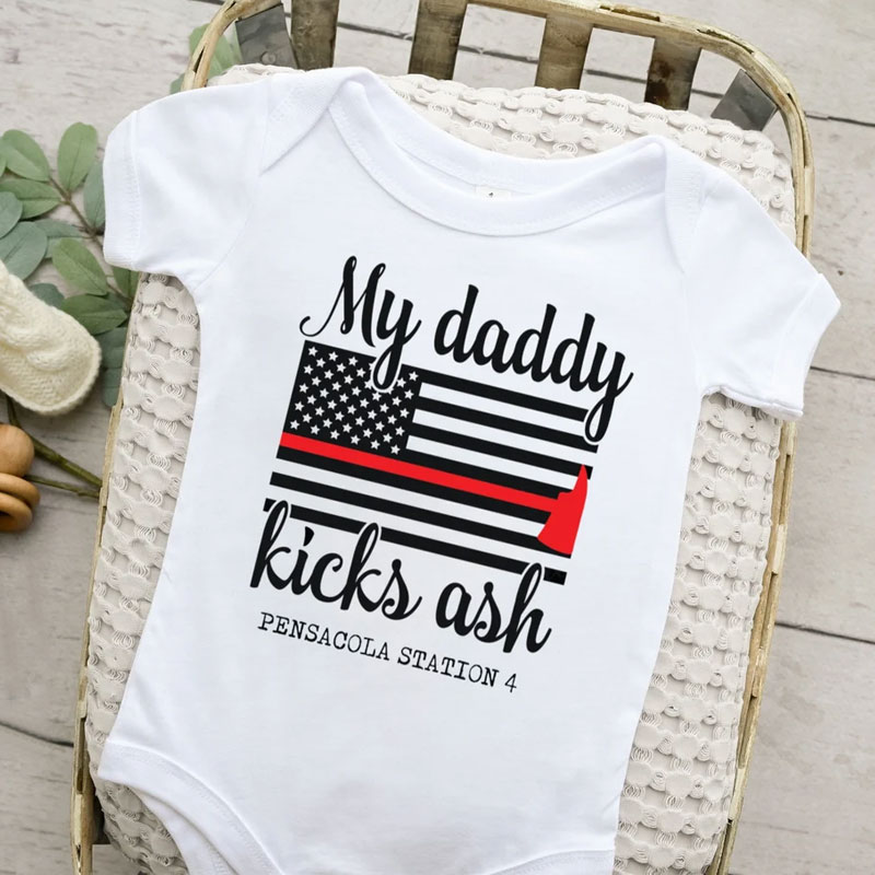My Daddy Kicks Ash Firefighter Baby Onesie with Custom Fire Station