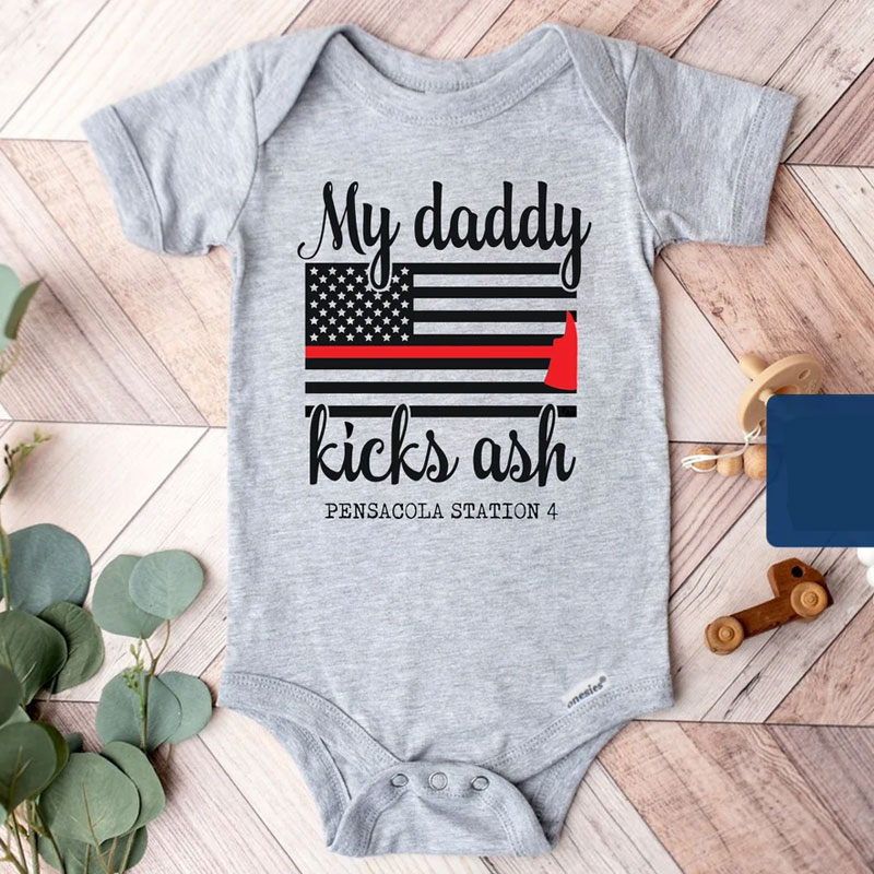 My Daddy Kicks Ash Firefighter Baby Onesie with Custom Fire Station