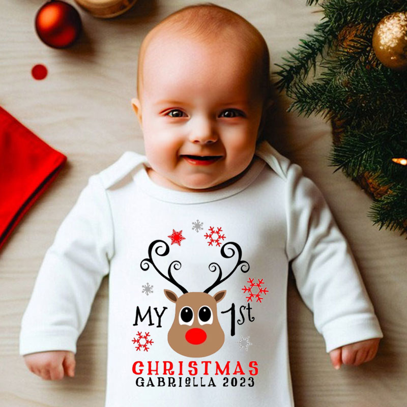 Custom New Baby Reindeer 1st Christmas Outfit