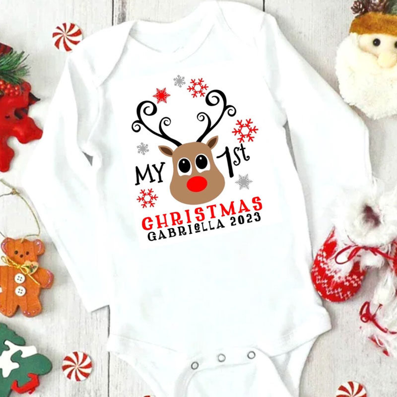 Custom New Baby Reindeer 1st Christmas Outfit