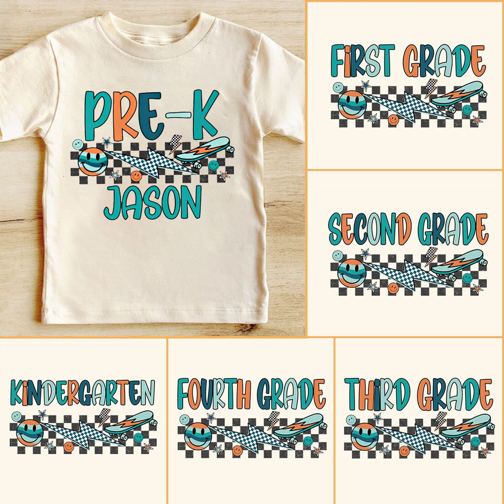 Retro Back to School Grade Kids T-shirt with Name